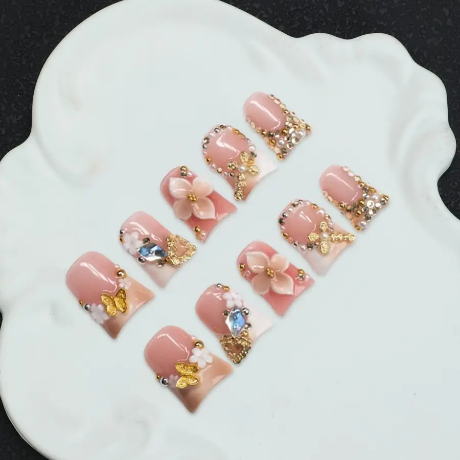 10 handmade Y2K style duckbill nail tips, Glittering Fake Nails, 3D, carved, butterfly, colored diamond, gold bead, hand-painted design, with accessories, Sparkly Rhinestones, suitable for women, shiny nail press, including tool kit