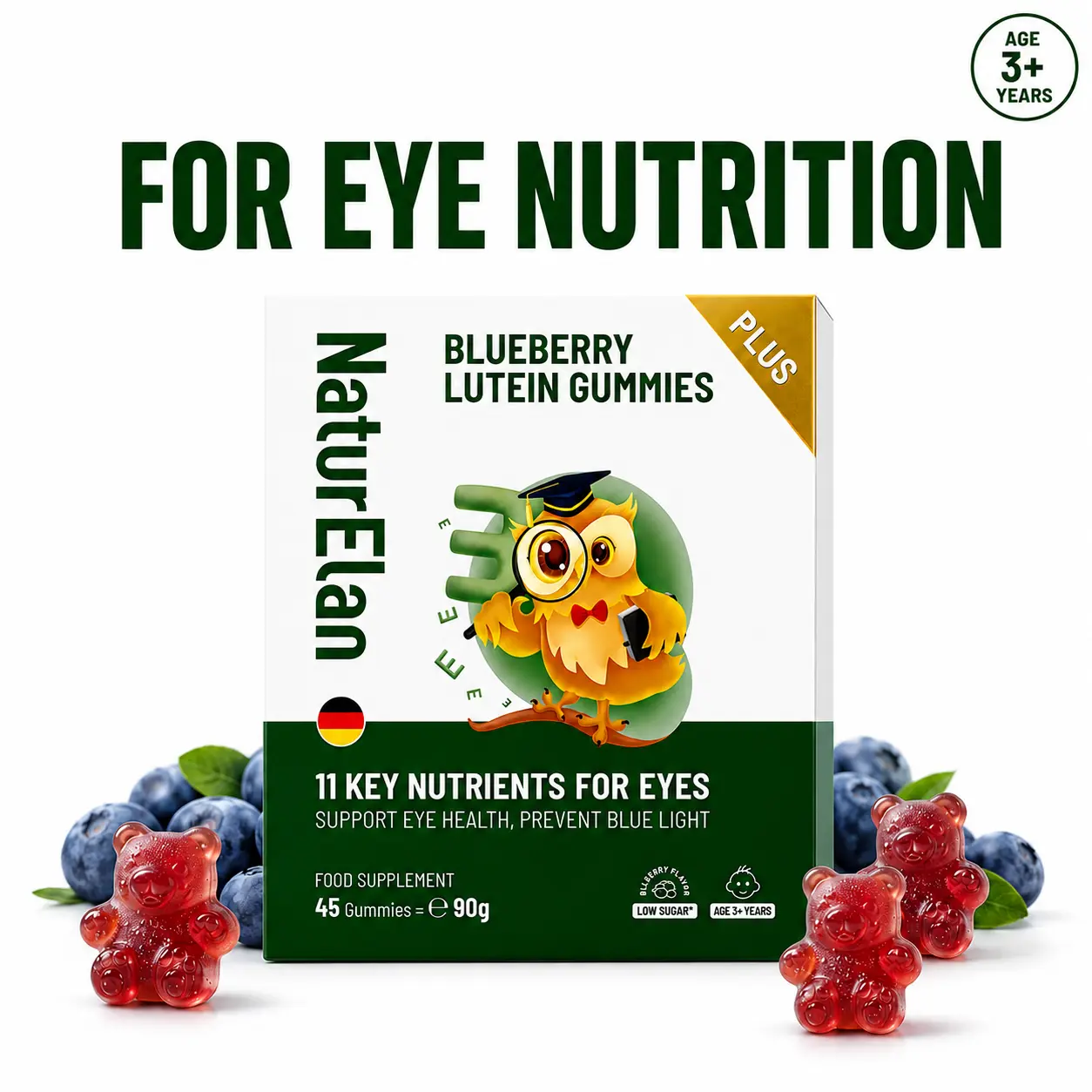 NaturElan Blueberry Lutein Chewable Dietary Supplement Gummies - Eye Health Support, Screen Fatigue Relief, Blue Light Protection - With Vitamin A,C,E - 45ct Daily Supplement Pack
