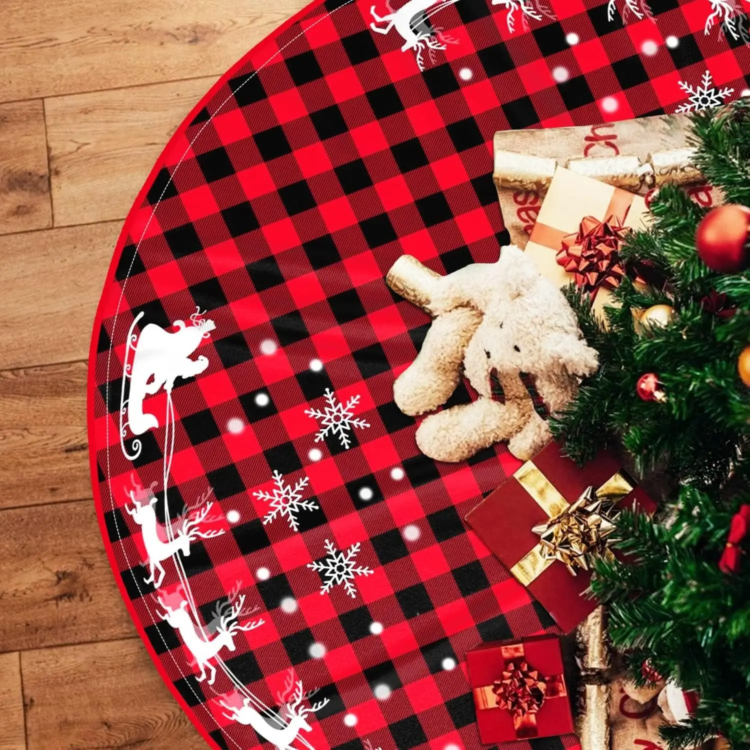 48 Inches Red Black Buffalo Plaid Thick Rustic Christmas Tree Skirt with Snowflake Elk and Santa Claus Winter New Year Decoration for Home Holiday Party