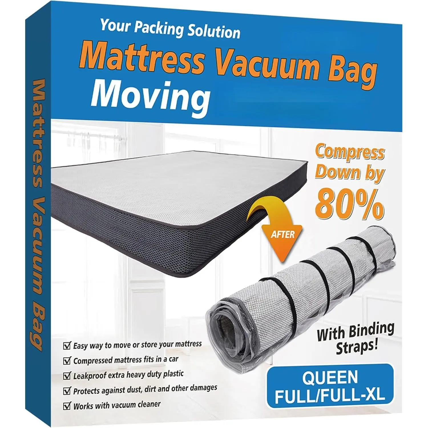 Mattress Vacuum Bag with 4 Adjustable Packing Straps for Moving, , Shipping, Vacuum Seal Mattress Bag with Packaging Straps (/Full/Full-XL)