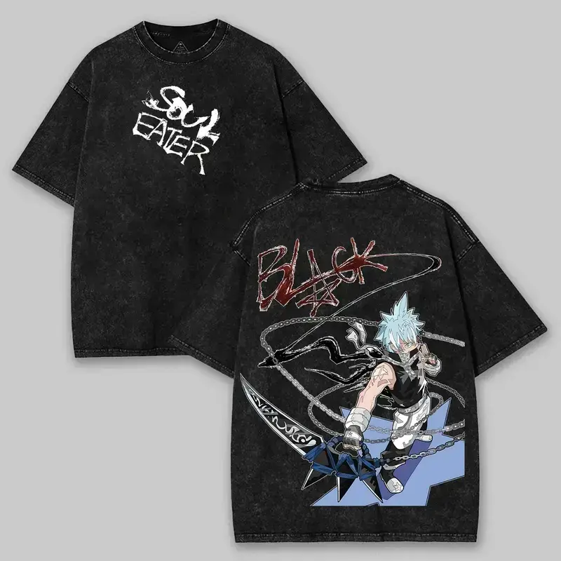 Unisex Soul Eater Black Star Anime Graphic Tee - Double-Sided Washed Cotton T-Shirt, Retro Japanese Manga Streetwear, Summer Casual Top Father's Day Gift