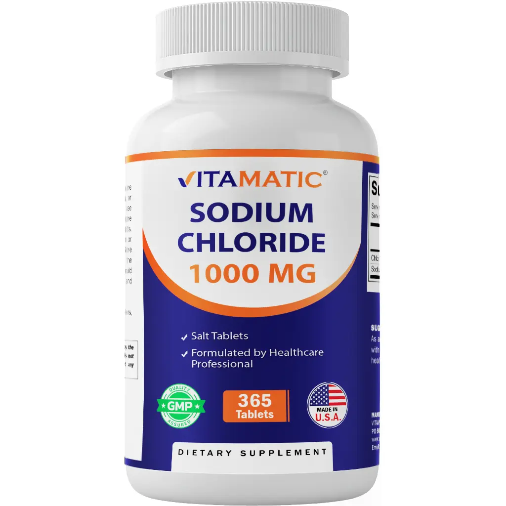 Vitamatic 1000mg Sodium Chloride Salt Tablets - 365 Count, Non-GMO, Gluten-Free, Dairy-Free Daily Dietary Supplement for Adults, Supports Healthcare & Electrolyte Function (Compatible with Electrolyte Drink Mix)