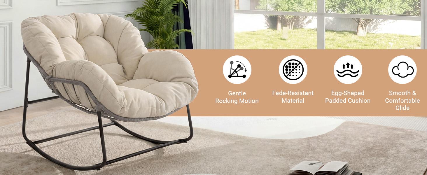 Outdoor Rocking Chair with Thick Cushion,300lbs Capacity, Indoor Egg Rocking Chair with Adjustable Backrest for Backyard, Balcony, Living Room Outdoor Rocking Chair with Thick Cushion,300lbs Capacity, Indoor Egg Rocking Chair with Adjustable Backrest for Backyard, Balcony, Living Room