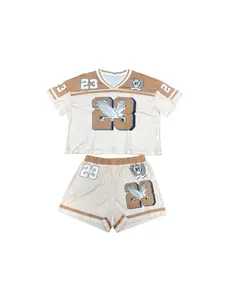 Women's Vintage Sporty Workout Set, Breathable Mesh Short Top, Waist Exposure, V Neck, Two-Piece, All Seasons, Ditsy Floral Print