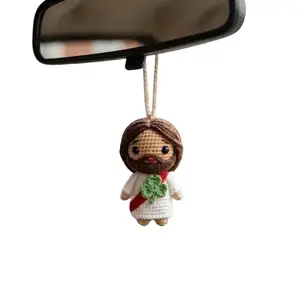 Crochet Jesus Car Hanging, Jesus Amigurumi Car Charm, Religious Rear Mirror Decor, Christian Gift, Lucky Clover Car Ornament