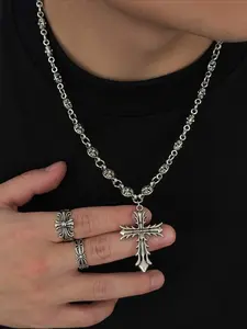 Men's Gothic Cross Pendant Necklace Vintage Silver Floral Link Chain for Streetwear Unisex Punk Statement Jewelry MensJewelry GothicStyle