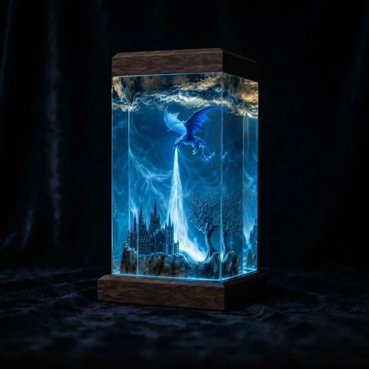 [Limited edition] [ID1] Ice Dragon Resin Lamp, Fantasy Dragon Night Light, Handmade Epoxy Resin Dragon Castle Lamp, Blue Dragon Desk Decor, Magical Bedroom Night Light, Dragon Lover Gift Idea