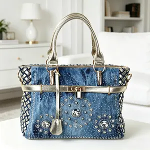 Women’s sparkling rhinestone denim handbag, large-capacity vintage washed denim top handle bag with metal trim and woven details, suitable for parties and everyday use