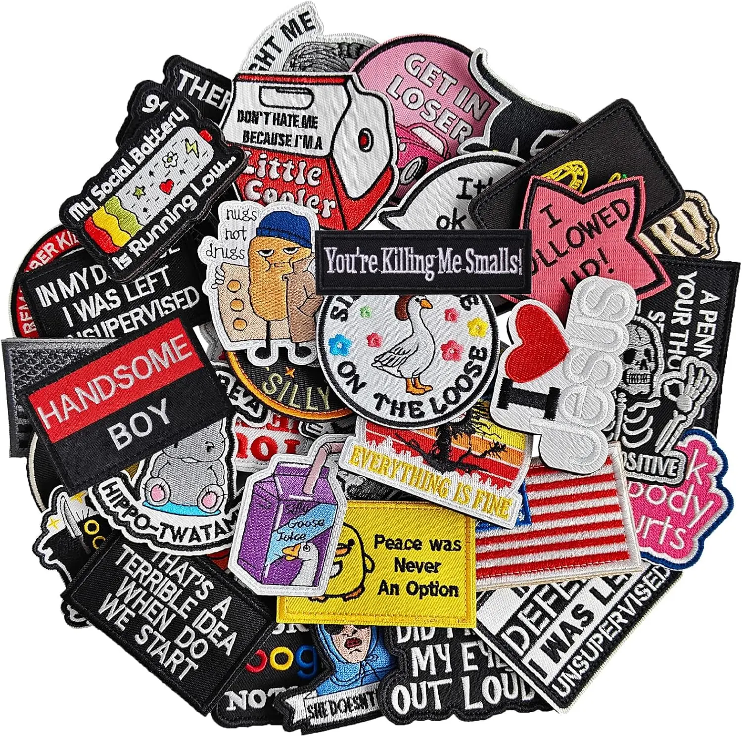 30pcs Colorfast, Durable Funny Hook-and-Loop Embroidered Meme Morale Patches - DIY Applique Sewing Supplies for Backpacks, Hats, Jackets, Embroidery
