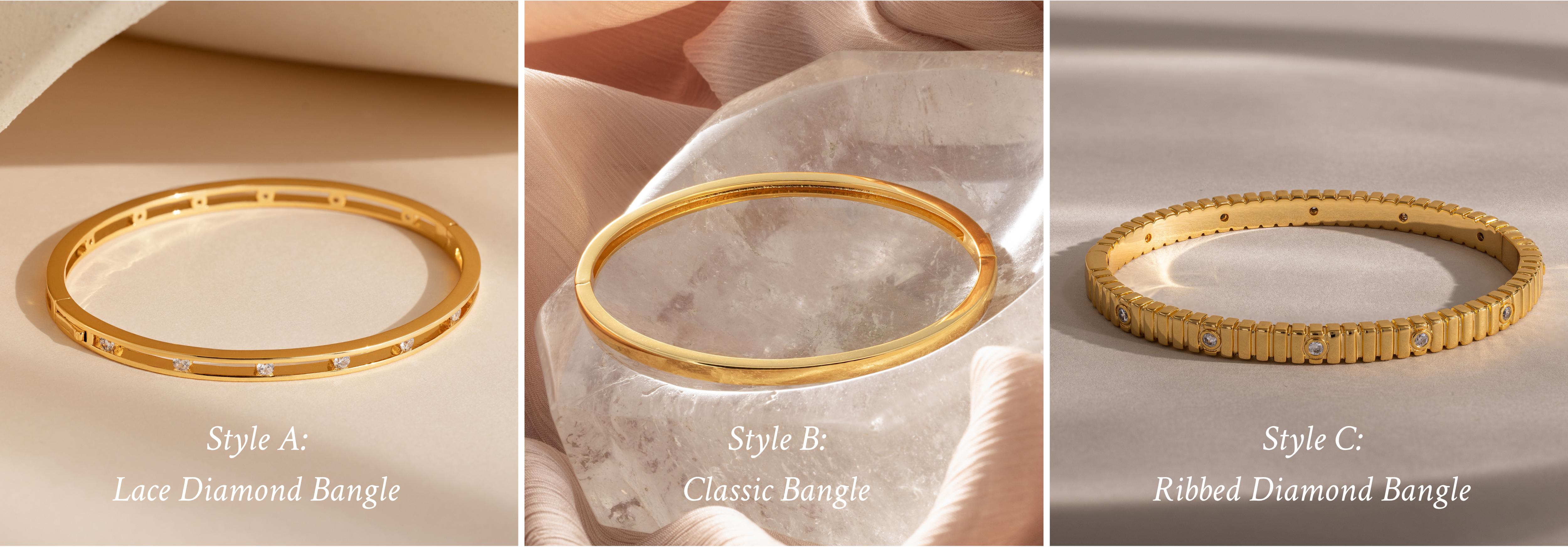Bangle Set by Caitlyn Minimalist - Set of 3: Classic Bangle, Lace Diamond Bangle, & Ribbed Diamond Bangle Bracelet - Minimalist Stacking Bracelets for Women - Gift for Her