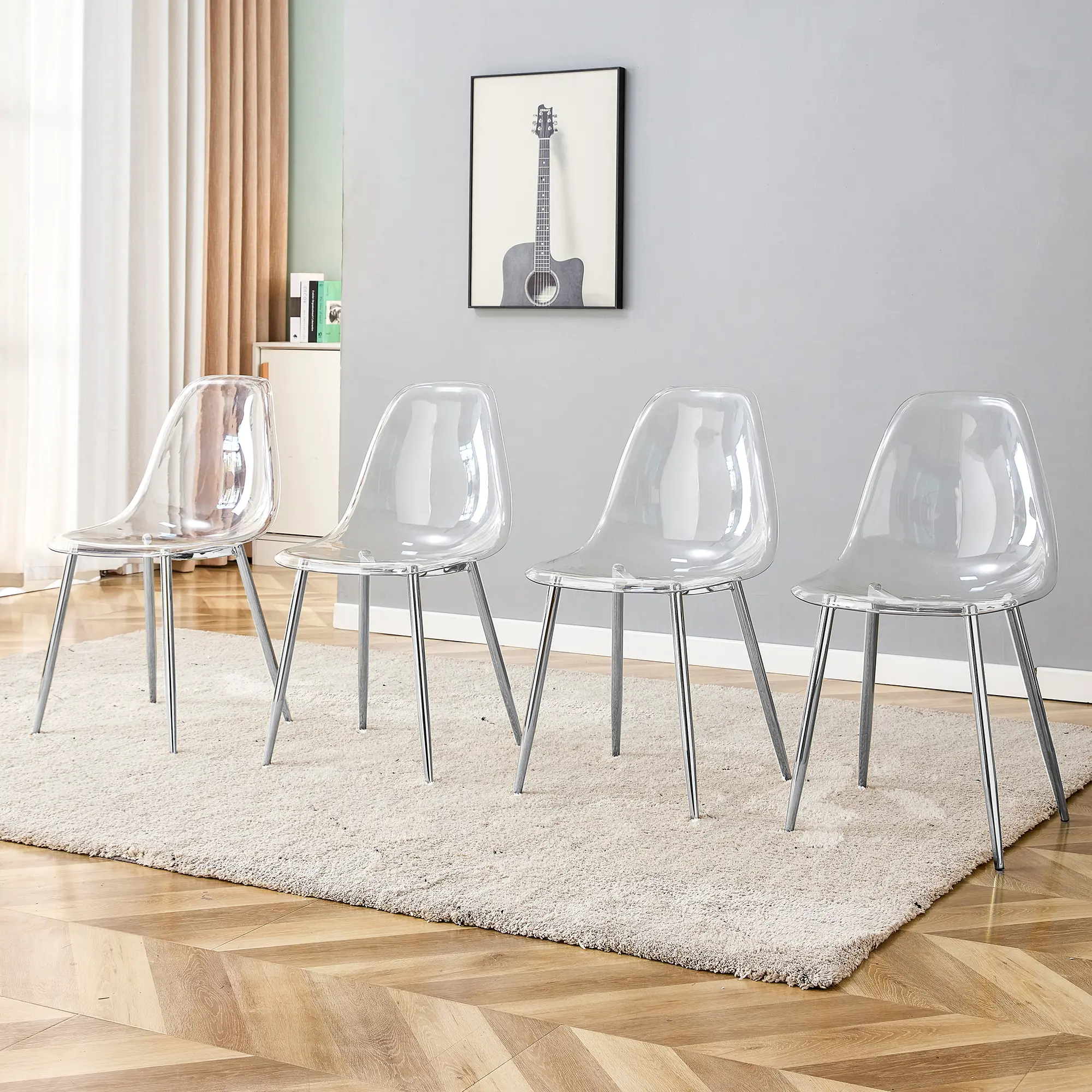 Dreamzon Modern simple transparent dining chair plastic chair armless crystal chair Nordic creative makeup stool negotiation chair Set of 4 and plating metal legW115164140,TW-1200