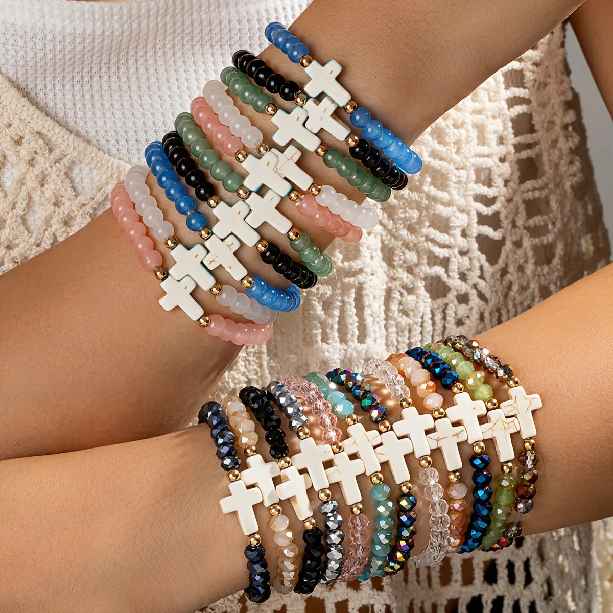 22pcs Bohemian Resin Cross Glass Beads Bracelets - Multicolor Elastic Bands with Cross Charms, Daily Wear & Vacation Gift, Year-Round Bangle Jewelry,summerwins