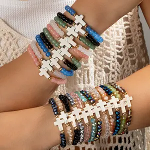22pcs Bohemian Resin Cross Glass Beads Bracelets - Multicolor Elastic Bands with Cross Charms, Daily Wear & Vacation Gift, Year-Round
