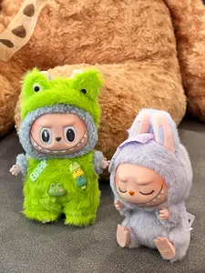 Frog Monster Doll Outfit – Handmade Neon Green Furry Romper with Frog Charms & Hood | Kawaii Labubu Animal Doll Clothes