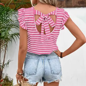 Pink Stripe Butterfly Sleeve V Neck Hollowed Knot Back T Shirt mom tees