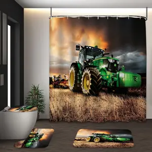 LVRLVR 4Pcs Tractor Farm Field Print Rustic Farmhouse Multi-Color Shower Curtain Set 70.8×70.8 Inch