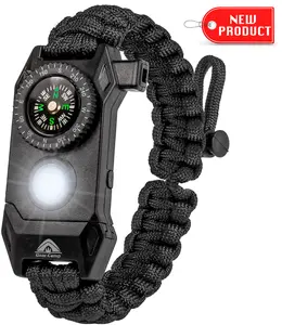 Survival Bracelet (Black) with Compass/Smart LED Light Starter/Tinder Starter/Whistle/Paracord (6-in-1 tool).
