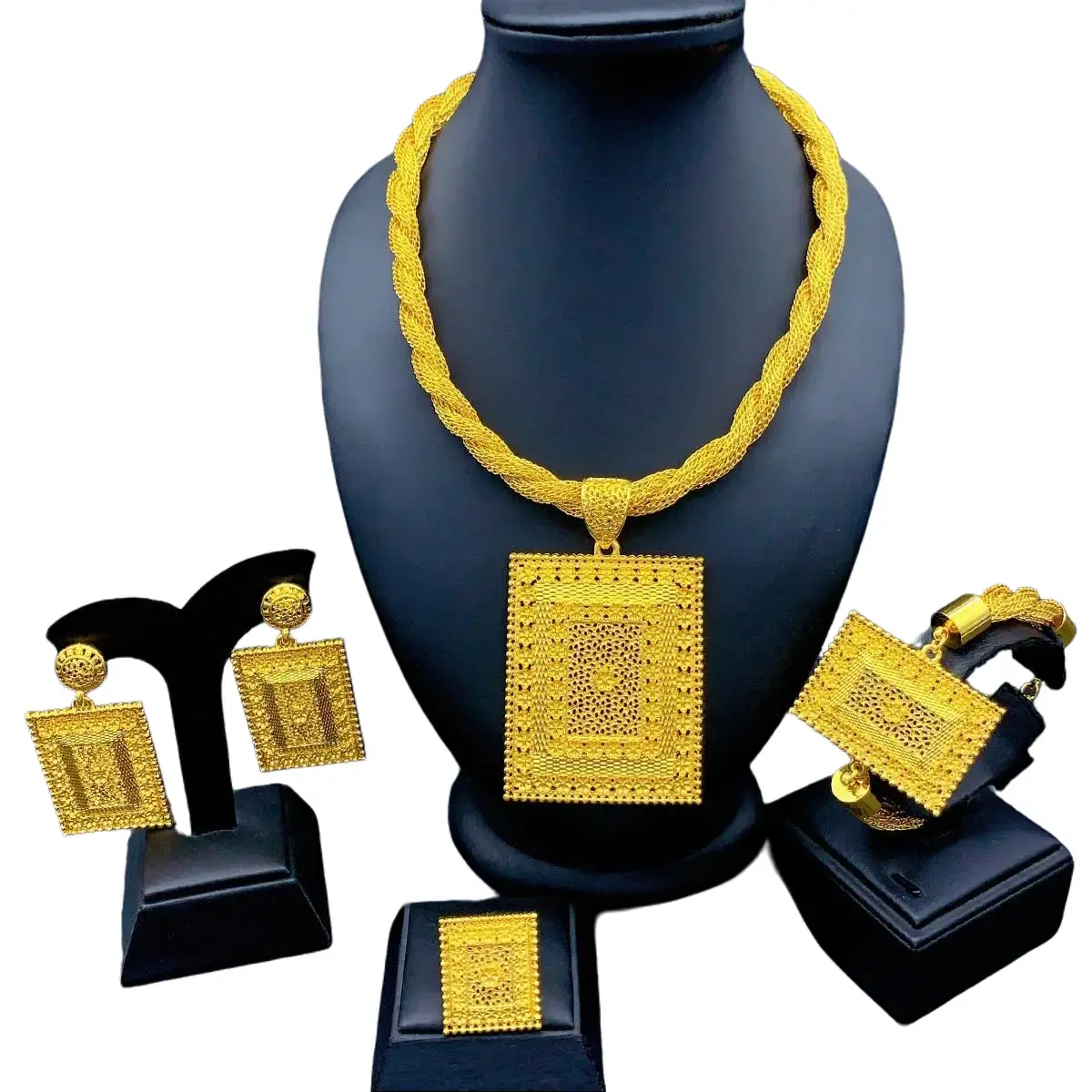 24K Gold Plated Filigree Elegant Jewelry Set - 4-Piece Bride Chain Necklace Set for Wedding Day, Gold Necklace Women, Earrings, Bracelet, Ring, Anti-Tarnish Designer Costume Fashion Accessory