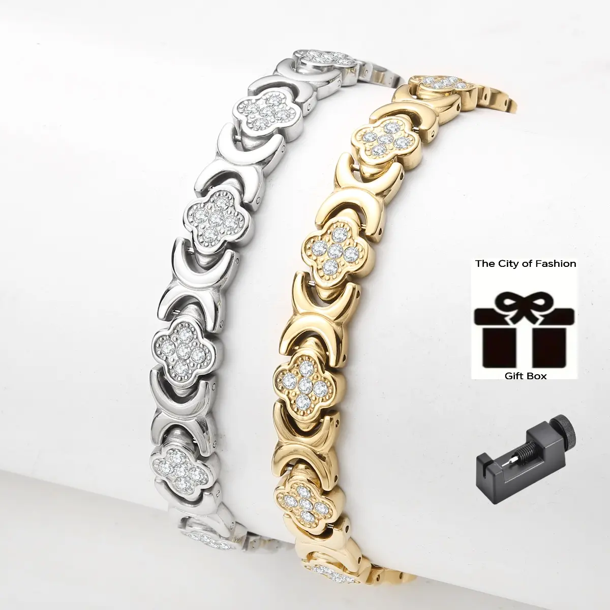 Unisex Titanium Steel 4-Leaf Clover Magnetic Link Bracelet Set, Inspirational His & Hers Stackable Bangle Jewelry, Lucky Couple Gift, Bangles,Unisex Charm,Gauss Magnet, Maximalist Jewelry, Trendy Stack Bangle