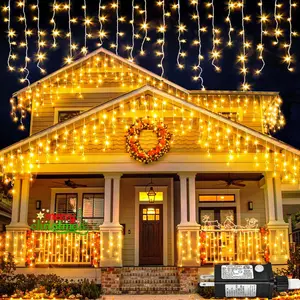 echosari Icicle Lights 66ft 600 LED Christmas Lights Outdoor for Outside House with Connectable Clear Wire 8 Modes Timer Plug in Waterproof for Eaves Yard Party Indoor Holiday Decoration Set Switch Warm White