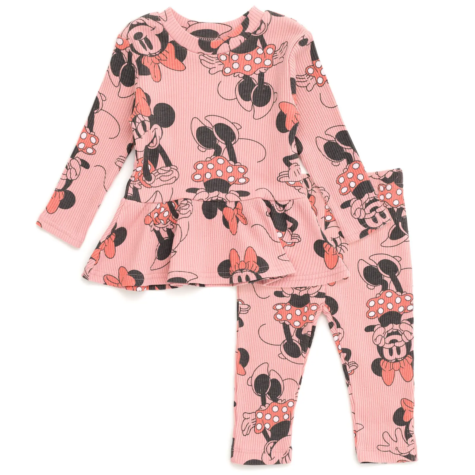 Disney Girls' 2-Piece Loungewear Set, Minnie Mouse Knit Outfit with Peplum Top & Flare Pants, Frill Details for Cozy Relaxing at Home, 3 - 4 Years, 3T, 4T, Cozy Home, 2T
