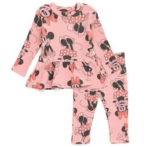 Disney Minnie Mouse Girls' 2-Piece Ribbed Long Sleeve Tee & Pants Set, 3-4 Years, All Over Print, for Birthday Celebrations & Cozy Home Relaxing