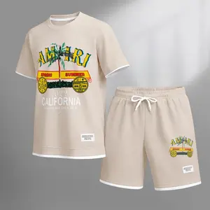 Men's California Graphic Print Short Sleeve Shirt and Drawstring Shorts Set, Casual Summer Two-Piece Outfit, Lightweight Breathable Relaxed Fit Sportswear, Stylish Comfortable Beach Vacation Daily Wear Travel Loungewear