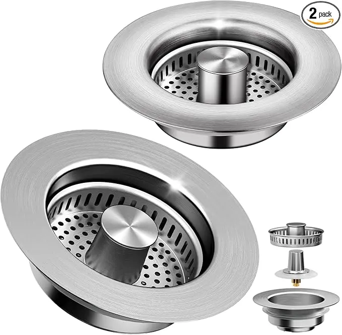2-Pack Upgraded 3 in 1 Kitchen Sink Drain Strainer, Stainless Steel Sink Stopper with Anti-Clog Food Catcher Basket, Fast Drainage Odor Filter Sink Plug, Fits US Standard 3 1/2 Inch Sink Drains, Rust Resistant Silver Kitchen Drain Filter