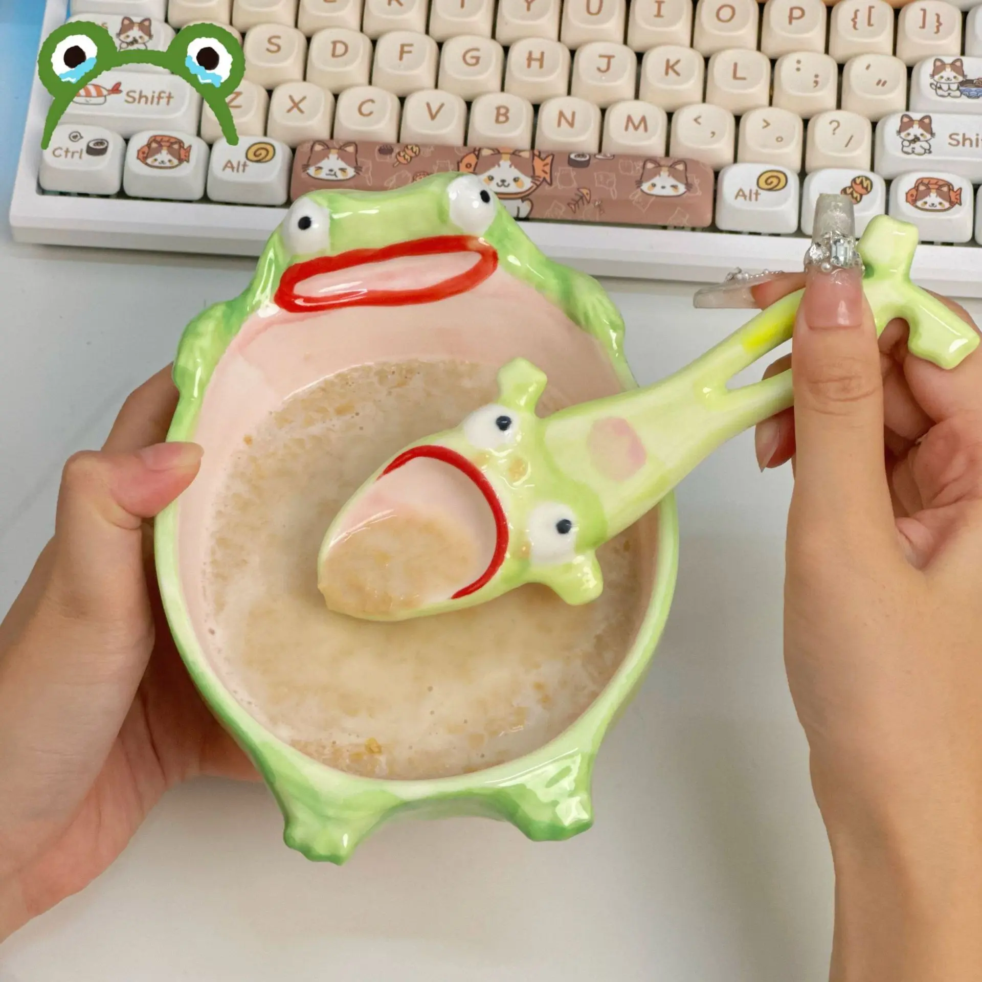 Creative Frog Ceramic Tableware - Funny Cute Print Style Bowl with Spoon, Household Rice-Eating Utensil, Great Birthday Gift for Kids & Frog Lovers