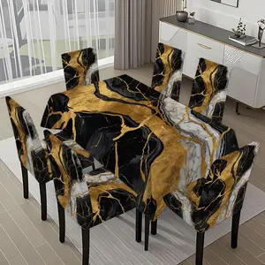 5/7-piece 2D Flat Printing Black Gold White Marble Pattern Printing Pattern Tablecloth and Chair Covers Set, for dining table and chair decoration, perfect for home, holiday gatherings, restaurants, and parties.