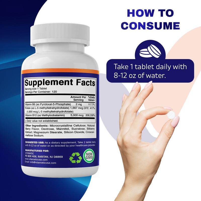 Vitamatic Methyl Folate & B12 Supplement with Pyridoxal 5 Phosphate (P-5-P) - 120 Fast Dissolve Tablets