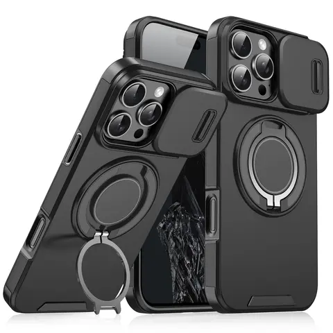 Slide Camera Cover Shockproof Phone Case, Magnetic Car Mount Compatible, Full Body Anti-Drop Scratch Resistant Cover with 360° Rotatable Ring Kickstand for iPhone 12/13/14/15/16/17, 18 Pro, 18 Pro Max, 12–17 Pro &Pro Max, iPhone 16 Plus, iPhone Air