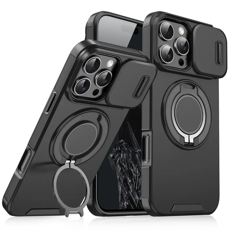 Slide Camera Cover Shockproof Phone Case, Magnetic Car Mount Compatible, Full Body Anti-Drop Scratch Resistant Cover with 360° Rotatable Ring Kickstand for iPhone 12/13/14/15/16/17, 18 Pro, 18 Pro Max, 12–17 Pro &Pro Max, iPhone 16 Plus, iPhone Air