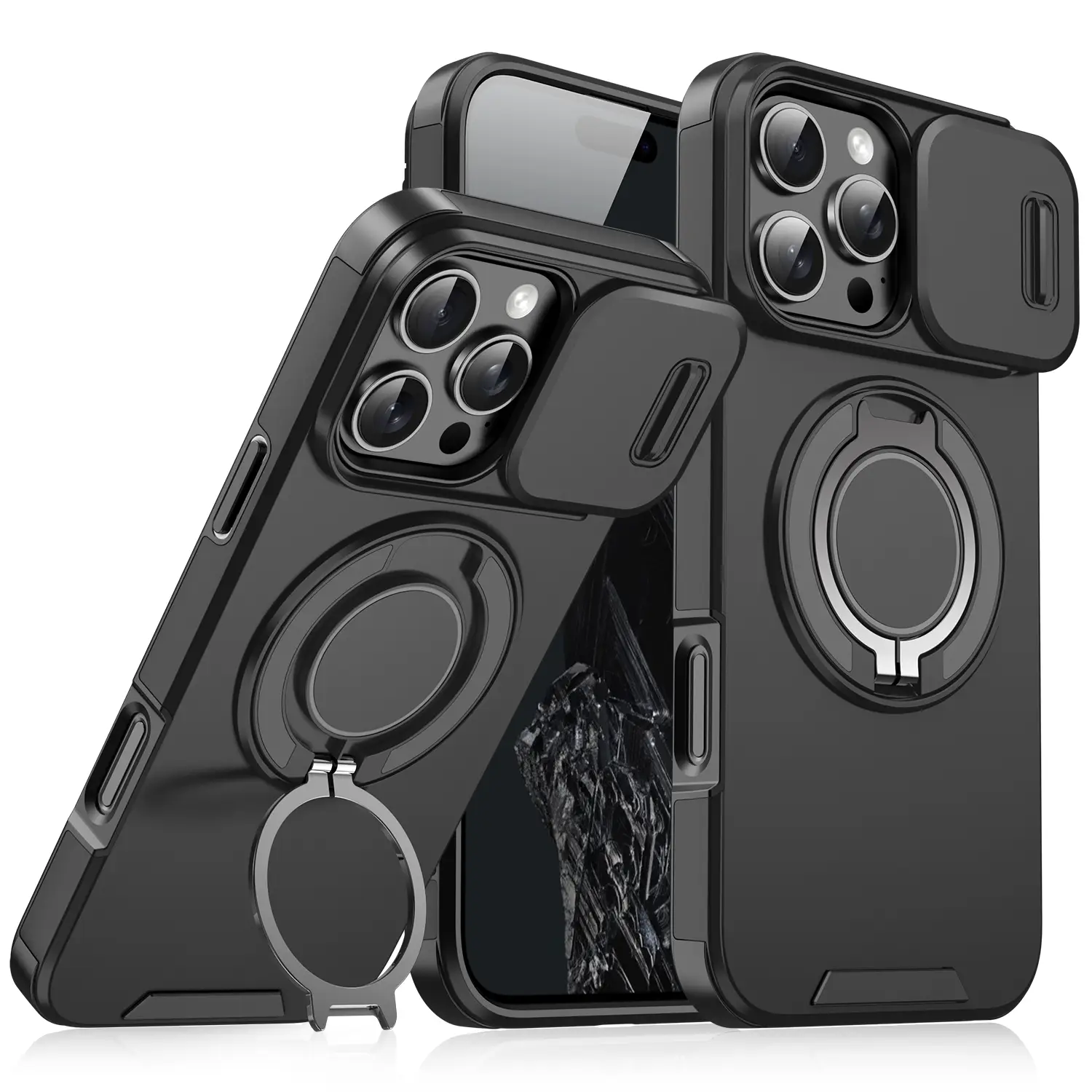 Case with Slide Camera Cover for iPhone 17 Air 17 Pro Max 16 15 14 13 12 Pro Max, Rotated Ring Kickstand Military Grade Shockproof Protective Cover Ru