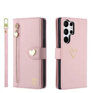 For Samsung S25 Ultra S24 S23 S22 S21 Plus Shockproof Flip Stand Cover Zipper Leather Wallet Card Slot Case with Strap
