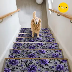 15pc Floral Stair Treads Non-Slip Durable Home Stair Carpet Mats, Anti-Slip Step Pads Decorative Stair Rugs Jit