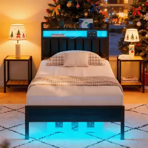 Double Bed Frame with Charging Station LED Lights Platform Bed Metal Slats Gray Upholstered Headboard Double Storage Shelves No Spring Mattress Needed Smart RGB Lighting & USB Ports gira  tree  vanity