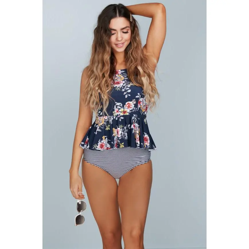 High Neck Peplum Halter Top - Navy Lilies