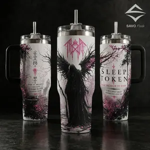 Sleep Token Take Me Back To Eden Tumbler with Handle and Straw, Gothic Pink Cherry Blossom Aesthetic Stainless Steel Insulated Travel Mug, Dark Art Metal Fan Gift Water Bottle, 20oz and 40oz