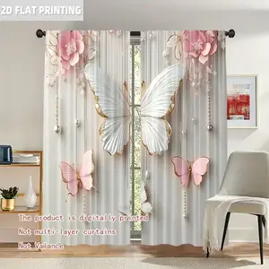Elegant Butterfly and Floral Print Curtains, Window Curtain, Polyester, Light Filtering Design, All Seasons Use, Rod Pocket Style