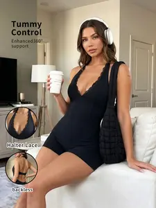 Women's Lace Bodysuit Gym Yoga Set, Backless Halter Neck Waist-Exposed Sports Jumpsuit, Detachable Padded Bra, Aesthetic Fitness Wear