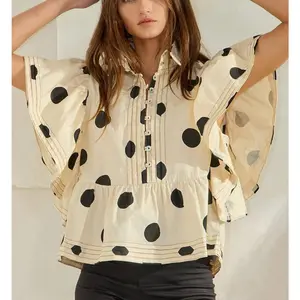 Women Boho Floral Peplum Shirt Flutter Sleeve Ruffle Babyboll Tops V Neck Patchwork Going Out Blouse Top