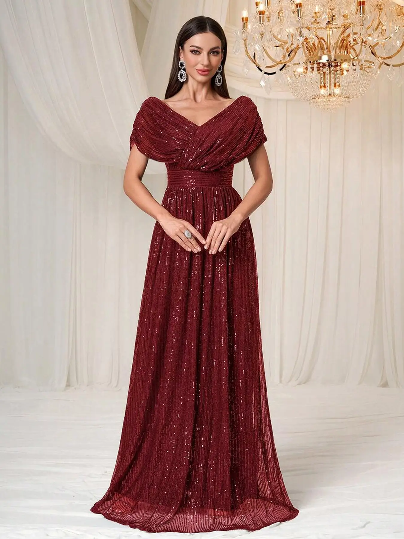 Women's wine red sequined V-neck wedding dress long skirt, formal, elegant and luxurious style, waist-cinching and slimming design, suitable for occasions such as dinners and weddings