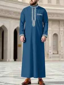 Muslim Men's thobe, Long Sleeve Embroidered Stand Collar, Loose Casual Saudi Style, Islamic Clothing for Festivals and Gifts