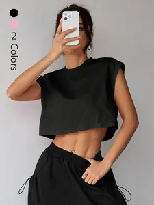 Women's Summer Loose-Fit Sleeveless Crop Top Casual Style Basic Outdoor Sports Round Neck Short T-Shirt, Comfortable and Versatile Fashion Tee