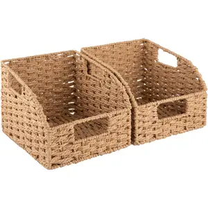 Pantry Baskets for Organizing, Paper Rope Baskets with Built-in Handles, Wicker Storage Bins for Shelves, 2 Pack-Yellow