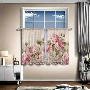 2 Panel 28"X40"/1 Panel 18"X60" 2D Flat Printing Kitchen Curtain, Retro Green Leaf Pink Rose Floral Pattern Print Curtain, Rod Pocket Valance Curtain Tier, Window For Kitchen Cafe Living, Home Decor, 2D Flat