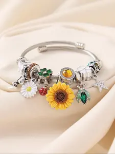 Fashion Colorful Flower & Star & Beetle Design Charm Decor Bangle, Fashion Jewelry for Party, Daily Clothing Decor, Trendy All-match & Exquisite Jewelry for Birthday Gift, Elegant Jewelry Bracelet, Rhinestone Decor Bangles, Rhinestone Decorated Bangle