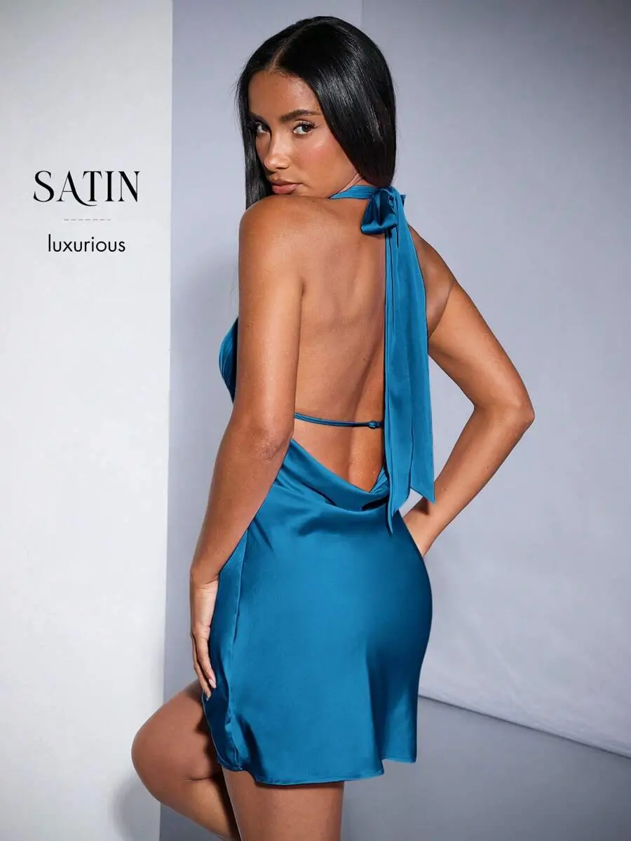 Roselle Teal Blue Backless Draped Halter Neck Satin Mini Dress Homecoming Graduation Wedding Guest