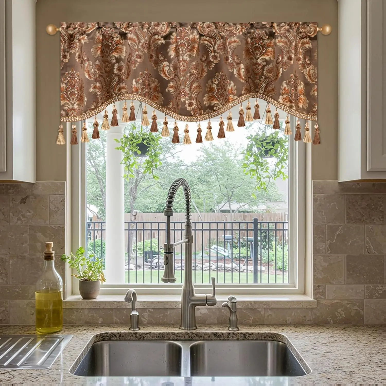 VOGOL Coffee Brown Floral Damask Curtain Fabric Valance - Antique Wave Jacquard Home Textile with Beaded Fringe, Tassel Decor, 52x18in European Vintage Easy Install Curtain Window Topper for Bedroom, Living Room, Curtain Fabric Valances